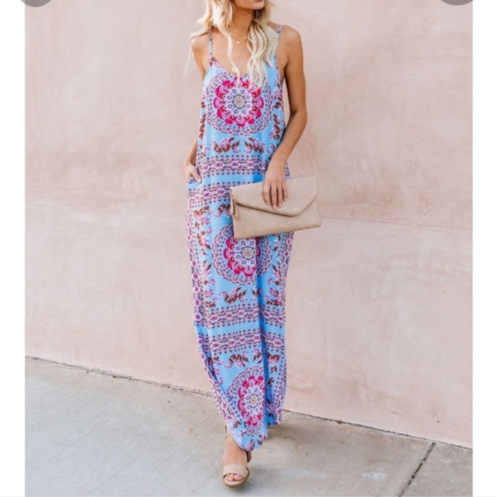 Floral Blue and Pink Maxi Dress